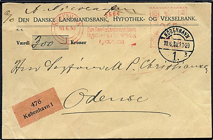 65 øre firmafranko på værdibrev fra Landmandsbanken i København d. 10.6.1930 til Odense.