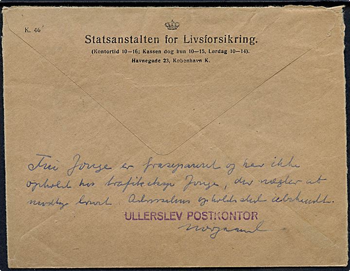 20 øre firmafranko frankeret brev fra København d. 11.2.1950 til Ullerslev. Returneret med længere påtegning og liniestempel Ullerslev Postkontor.