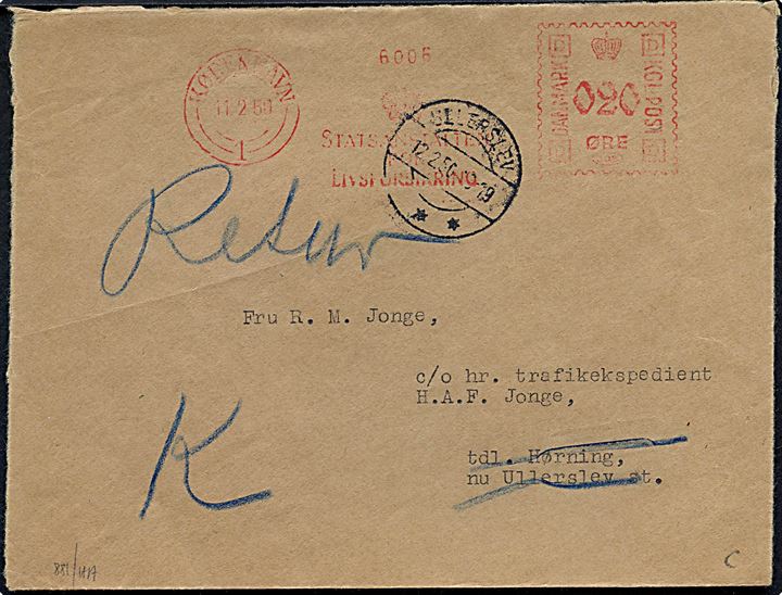 20 øre firmafranko frankeret brev fra København d. 11.2.1950 til Ullerslev. Returneret med længere påtegning og liniestempel Ullerslev Postkontor.