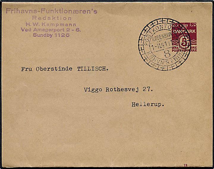 5 øre helsagskorsbånd (fabr. 12) annulleret med særstempel Postkontoret Kbhvn's Frihavn København 8 d. 1.11.1941 til Hellerup.