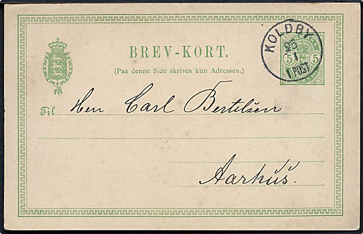 5 øre Våben helsagsbrevkort fra Brundby annulleret med lapidar Koldby d. 25.1.1896 til Aarhus.