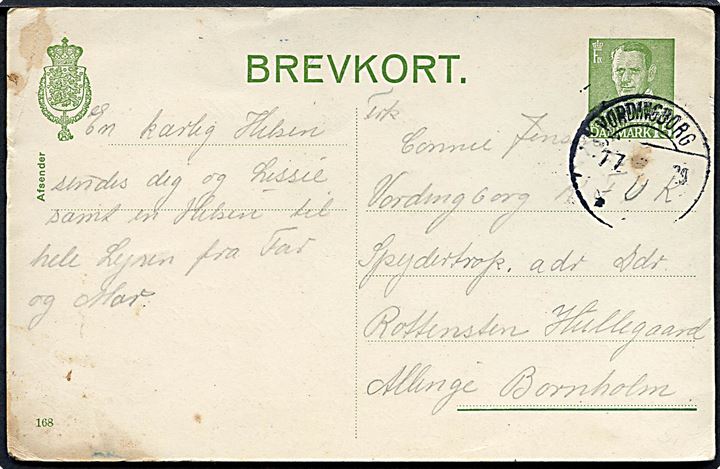 15 øre Fr. IX helsagsbrevkort (fabr. 168) fra Vordingborg d. 7.7.1949 til spejder i Vordingborg K.F.U.K. Spejdertrup  på lejr i Allinge, Bornholm.