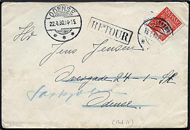 15 øre Karavel på brev fra Sakskøbing d. 15.4.1930 til Odense. Retur som ubekendt med brotype Ic Odense d. 22.4.1930.