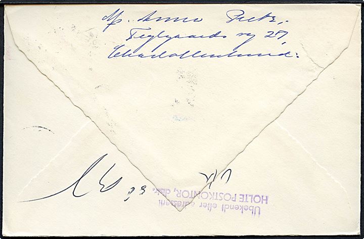 35 øre Fr. IX på brev fra Charlottenlund d. 16.12.1963 til Søllerød. Retur som fra Holte med stempel: Ubekendt efter adressen / Holte Postkontor.