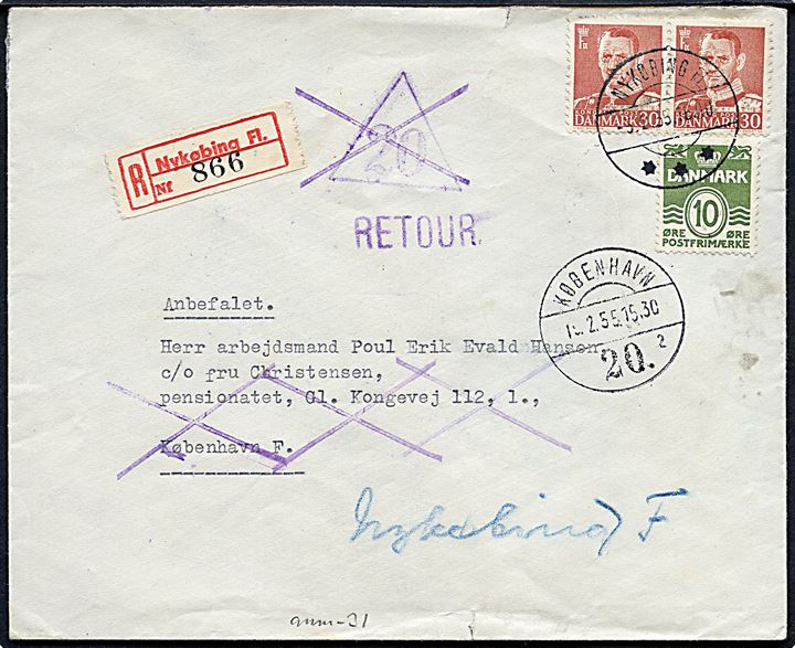 10 øre Bølgelinie og 30 øre Fr. IX (2) på anbefalet brev fra Nykøbing Fl. d. 5.2.1955 til København. Anmeldt og returneret med stempel Ikke afhentet / Indleveringspostkontor 20.