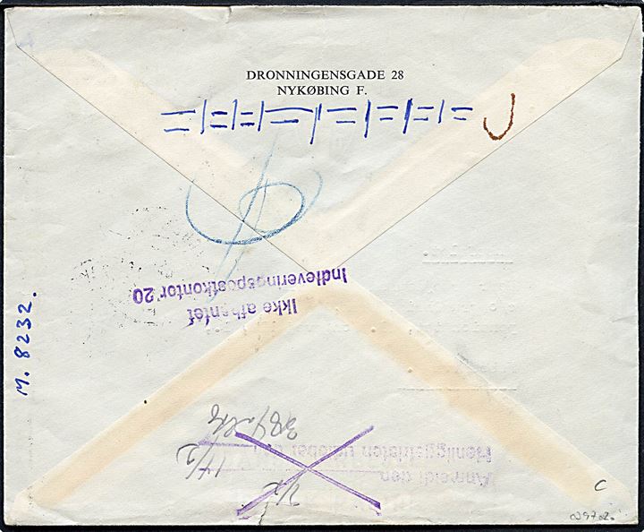 10 øre Bølgelinie og 30 øre Fr. IX (2) på anbefalet brev fra Nykøbing Fl. d. 5.2.1955 til København. Anmeldt og returneret med stempel Ikke afhentet / Indleveringspostkontor 20.
