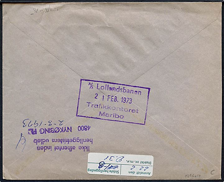 70 øre Bygningskunst og 90 øre Fr. IX i parstykke på fortrykt kuvert fra Lollandsbanen sendt anbefalet fra Maribo d. 21.2.1973 til Nykøbing F. Retur som ikke afhentet. På bagsiden stempel: A/S Lollandsbanen Trafikkontoret Maribo.