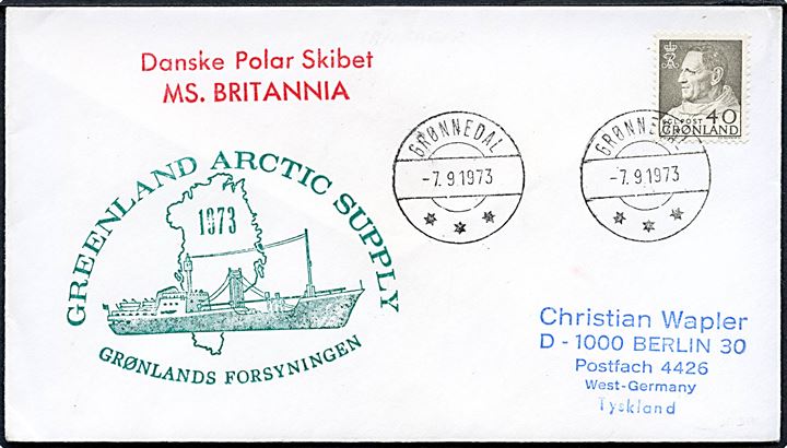 40 øre Fr. IX på filatelistisk brev fra Grønnedal d. 7.9.1973 med sidestempel Danske Polar Skibet MS. Britannia og Greenland Arctic Supply 1973 til Berlin, Tyskland.