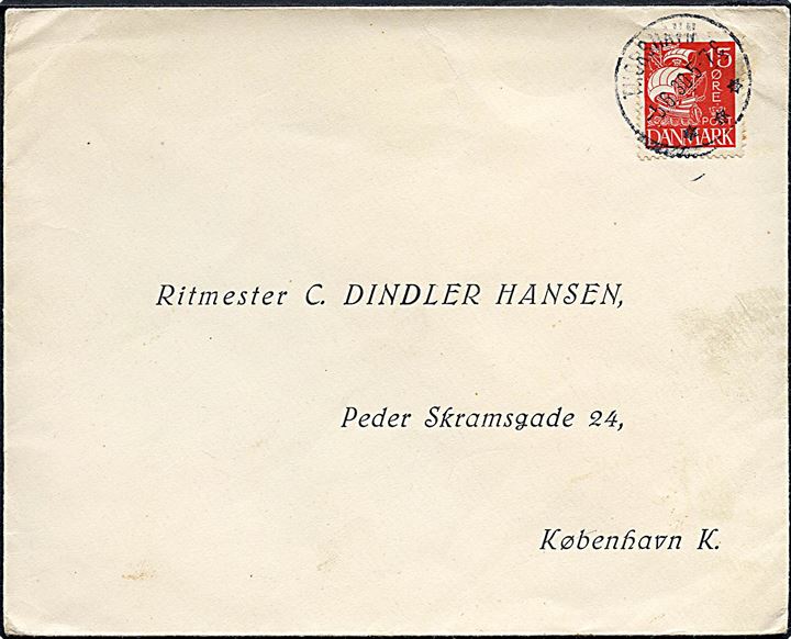 15 øre Karavel på brev annulleret med brotype IIIb Thorshavn d. 5.6.1930 til København.