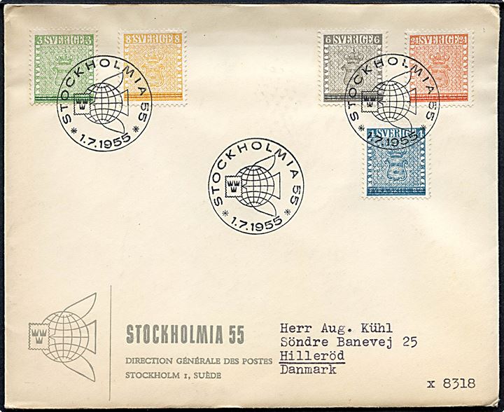 Komplet sæt Stockholmia 1955 udg. på FDC stemplet Stockholm d. 1.7.1955 til Hillerød, Danmark.