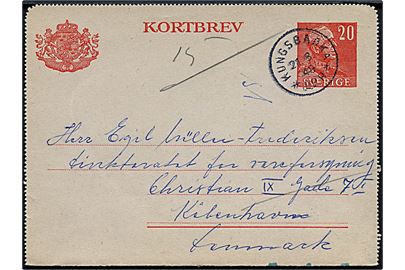 20 öre Gustaf helsags korrespondancekort fra Kungsbäcka d. 21.8.1948 til København, Danmark. Grønne ombæringskontrol streger.