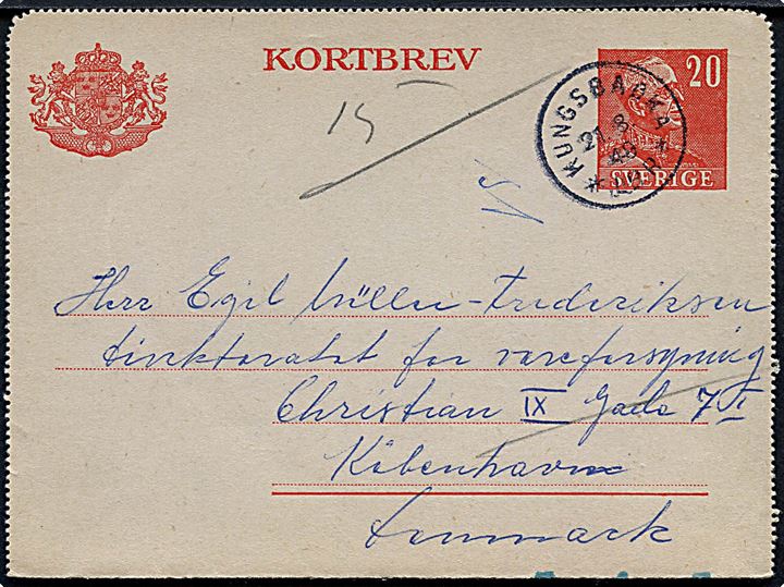 20 öre Gustaf helsags korrespondancekort fra Kungsbäcka d. 21.8.1948 til København, Danmark. Grønne ombæringskontrol streger.