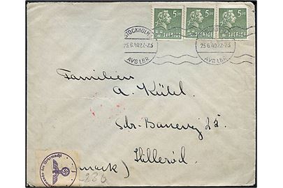 5 öre Bellman (3) på brev fra Stockholm d. 25.6.1940 til Hillerød, Danmark. Åbnet af tysk censur i Hamburg.