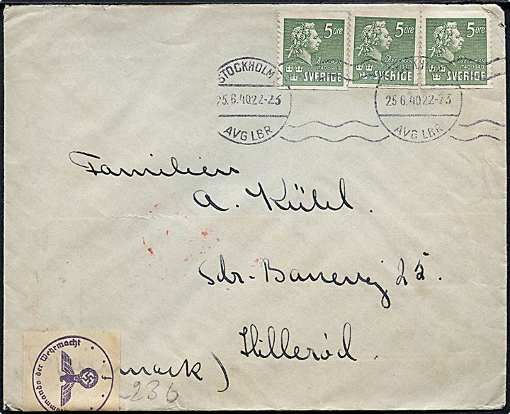 5 öre Bellman (3) på brev fra Stockholm d. 25.6.1940 til Hillerød, Danmark. Åbnet af tysk censur i Hamburg.