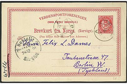 10 øre helsagsbrevkort fra Aas d. 21.12.1891 til Berlin, Tyskland.