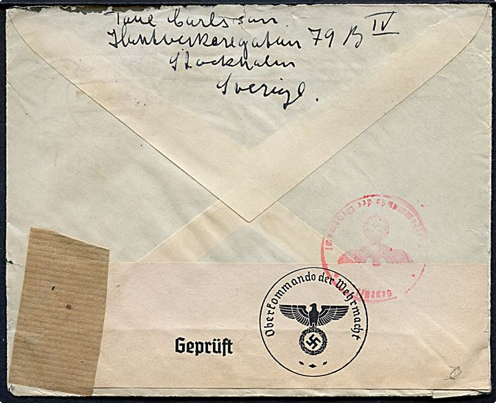 5 öre Bellman (6) på brev fra Stockholm d. 2.6.1940 til Hillerød, Danmark. Åbnet af tysk censur i Hamburg.
