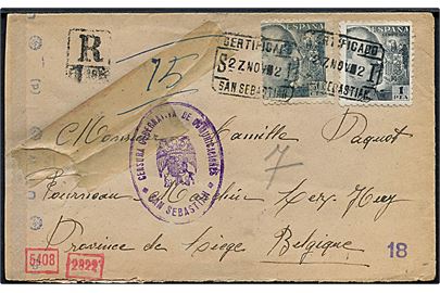 50 cts. og 1 pta. Franco på anbefalet brev fra San Sebastian d. 27.11.1942 til Liege, Belgien. Spansk og tysk censur. Kuvert med skader.