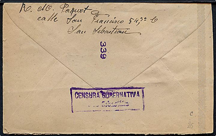50 cts. og 1 pta. Franco på anbefalet brev fra San Sebastian d. 27.11.1942 til Liege, Belgien. Spansk og tysk censur. Kuvert med skader.