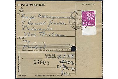 1,50 kr. Rigsvåben på Postanvisning annulleret med pr.-stempel Gøta pr. Tórshavn d. 27.3.1973 til Tórshavn.