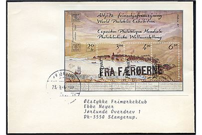 Hafnia 87 blok udg. på skibsbrev annulleret Fra Færøerne og sidestemplet København d. 23.9.1986 til Slangerup.