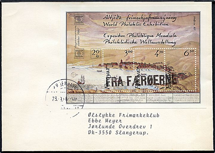 Hafnia 87 blok udg. på skibsbrev annulleret Fra Færøerne og sidestemplet København d. 23.9.1986 til Slangerup.