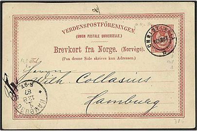 10 øre helsagsbrevkort fra Christiania d. 10.8.1887 til Hamburg, Tyskland.