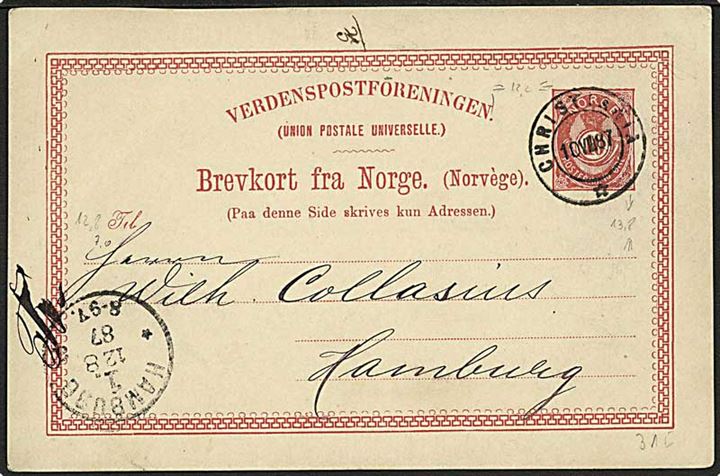 10 øre helsagsbrevkort fra Christiania d. 10.8.1887 til Hamburg, Tyskland.