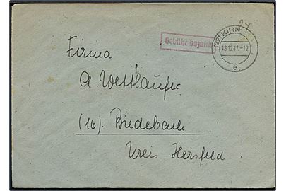 Fransk zone. 24 pfg. barfrankeret brev med rammestempel Gebühr bezahlt fra Kirn d. 16.12.1947 til Biedebach.