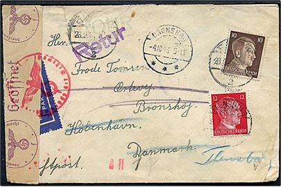 10 pfg. og 12 pfg. Hitler på luftpostbrev fra Flensburg d. 28.9.1943 til Brønshøj, Danmark. Retur som ubekendt. Sendt fra dansk tysklandsarbejder i Gemeinschaftslager Trollsee. Åbnet af tysk censur i Hamburg.