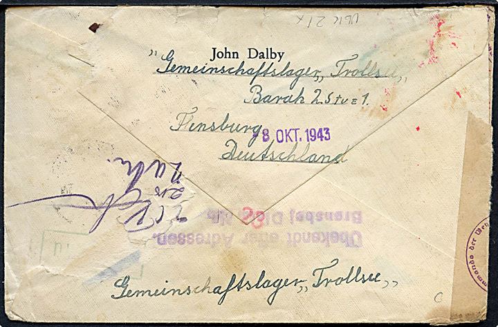 10 pfg. og 12 pfg. Hitler på luftpostbrev fra Flensburg d. 28.9.1943 til Brønshøj, Danmark. Retur som ubekendt. Sendt fra dansk tysklandsarbejder i Gemeinschaftslager Trollsee. Åbnet af tysk censur i Hamburg.