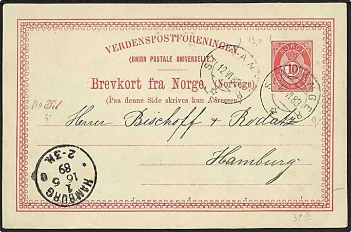 10 øre helsagsbrevkort fra Stavanger d. 12.6.1889 til Hamburg.