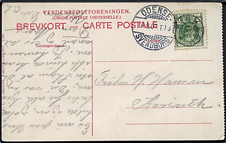 5 øre Fr. VIII på brevkort (Bøjestræde, Faaborg) annulleret med stjernestempel KIRKEBY og sidestemplet med bureaustempel Odense - Svendborg T.13 d. 14.8.1907 til Korinth.
