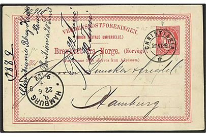 10 øre helsagsbrevkort fra Christiania d. 20.6.1889 til Hamburg, Tyskland.