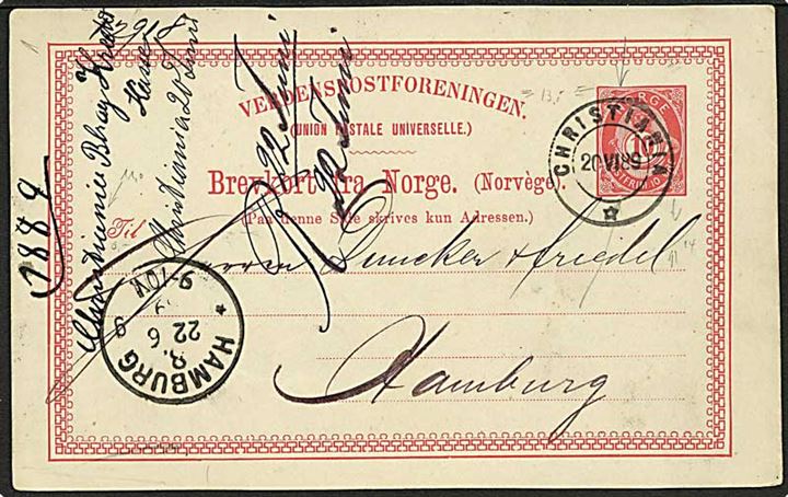10 øre helsagsbrevkort fra Christiania d. 20.6.1889 til Hamburg, Tyskland.