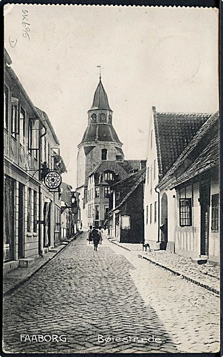 5 øre Fr. VIII på brevkort (Bøjestræde, Faaborg) annulleret med stjernestempel KIRKEBY og sidestemplet med bureaustempel Odense - Svendborg T.13 d. 14.8.1907 til Korinth.
