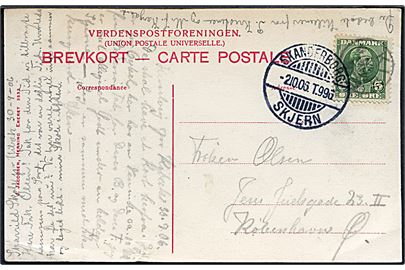 5 øre Chr. IX på brevkort annulleret med stjernestempel KIBÆK og sidestemplet bureau Skanderborg - Skjern T.996 d. 2.10.1906 til København.