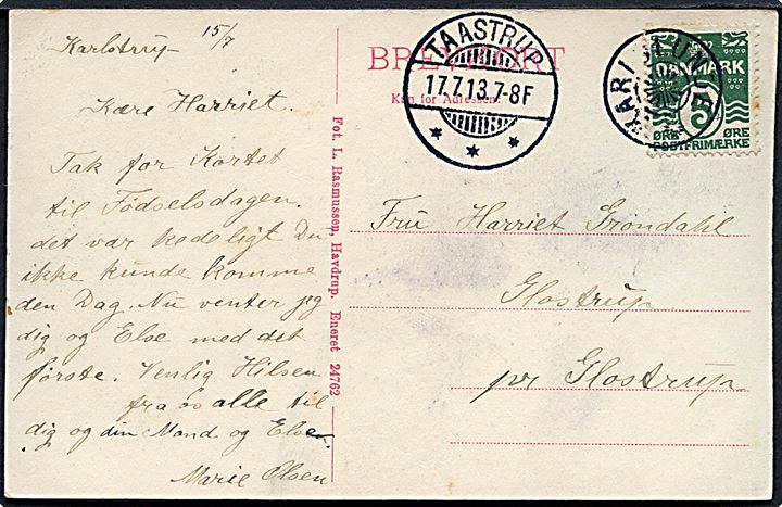5 øre Bølgelinie på brevkort (Karlslunde Præstegaard) annulleret med stjernestempel KARLSLUNDE og sidestemplet Taastrup d. 17.7.1913 til Glostrup.