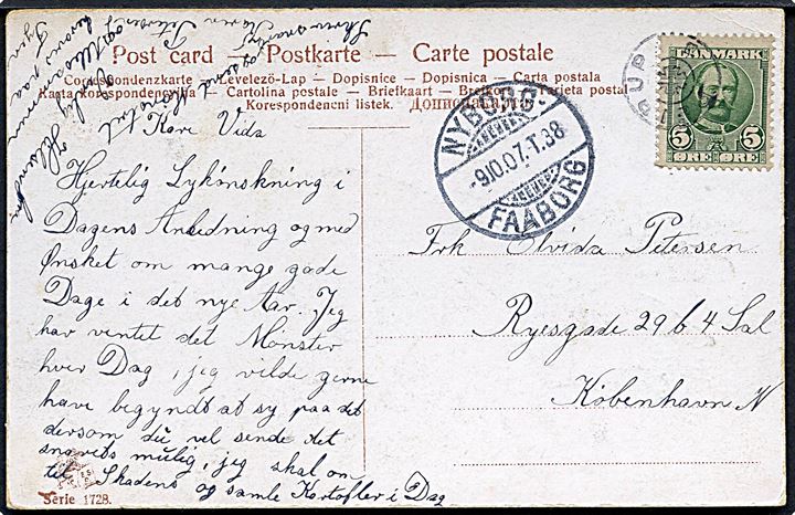 5 øre Fr. VIII på brevkort annulleret med stjernestempel PEIRUP og sidestemplet bureau Byborg - Faaborg T.38 d. 9,10,1907 til København.