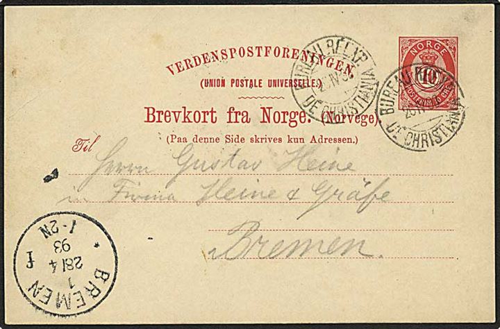 10 øre helsagsbrevkort annulleret med bureaustempel Bureau Reexp. de Christiania d. 26.4.1893 til Bremen, Tyskland.