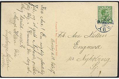 5 øre Chr. X på brevkort (Gniben, Sjællands Odde) dateret d. 19.12.1917 og annulleret med stjernestempel OVERBY til Engmose pr. Nykjøbing Sj.