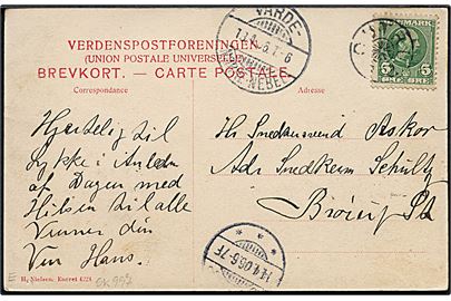 5 øre Chr. IX på brevkort (Parti fra Outrup med kirken) annulleret med stjernestempel OUTRUP og sidestemplet bureau Varde - Nørre-Nebel T.6 d. 13.4.1906 til Brørup.