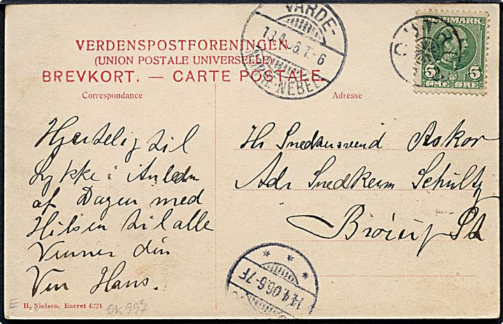 5 øre Chr. IX på brevkort (Parti fra Outrup med kirken) annulleret med stjernestempel OUTRUP og sidestemplet bureau Varde - Nørre-Nebel T.6 d. 13.4.1906 til Brørup.