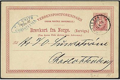 10 øre helsagsbrevkort fra Christiania d. 14.10.1882 til Charlottenburg, Tyskland.