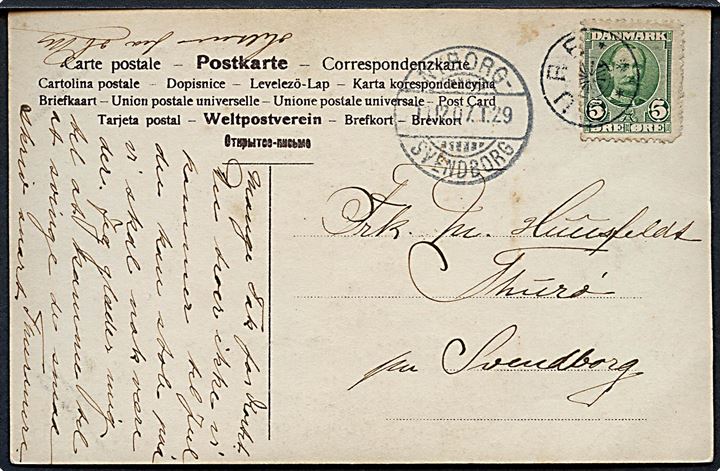 5 øre Fr. VIII på brevkort annulleret med stjernestempel OURE og sidestemplet bureau Nyborg - Svendborg T.29 d. 11.12.1907 til Thurø pr. Svendborg.