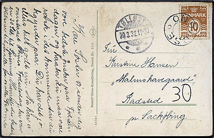 10 øre Bølgelinie på brevkort annulleret med udslebet stjernestempel ONSLØSE og sidestemplet brotype Ic Tølløse d. 30.3.1932 til Radsted pr. Sakskøbing.