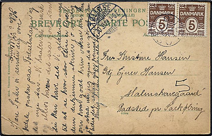5 øre Bølgelinie i parstykke på brevkort annulleret med stjernestempel ONSLØSE og sidestemplet Tølløse d. 30.3.1908 til Sakskøbing.