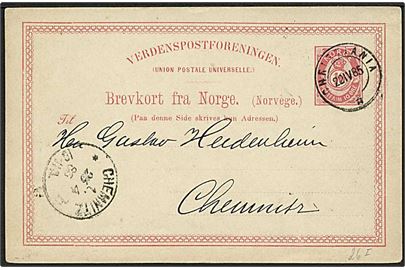 10 øre helsagsbrevkort fra Christiania d. 22.4.1885 til Chemnitz, Tyskland.
