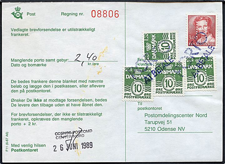 10 øe Bølgelinie (4) og 3 kr. Margrethe med perfin H (Hjemmeværnet) på portoregning annulleret Porto at betale og kvitteret Odense Postomd. Center Nord d. 26.6.1989.