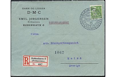 40 øre Karavel med perfin E.J.F. på anbefalet firmakuvert fra Emil Jørgensen, Frihavnen” annulleret med særstempel Postkontoret KBHVN'S FRIHAVN København 8 d. 10.11.1936 til Malmö, Sverige.