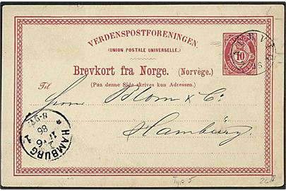 10 øre helsagsbrevkort annulleret med antiqua stempel Laurvig d. 12.6.1886 til Hamburg, Tyskland.